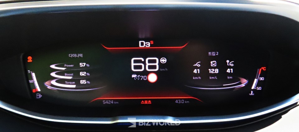 스포츠모드에서 가속 상황에서 계기판. 사진=손진석 기자