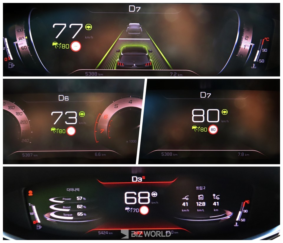 5008 SUV GT 계기판 4가지 모드. 주행모드(1열), 다이얼 모드(2열 왼쪽)과 최소모드, 퍼스널 모드 가속상황(3열). 사진=손진석 기자