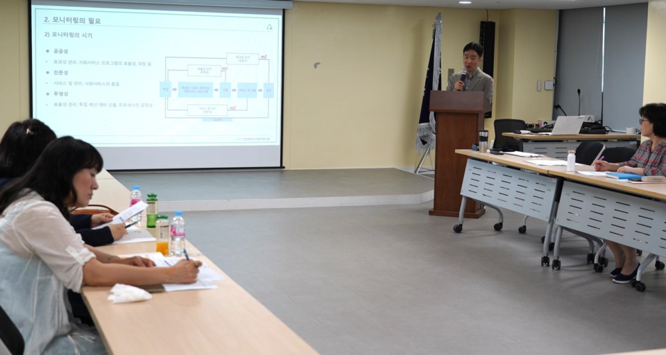 인천시사회서비스원 신상준 정책연구실 부연구위원이 ‘인천시사회서비스원 소속시설 모니터링 지표 개발’ 최종보고회에서 연구 결과를 발표하고 있다. 사진=인천시사회서비스원