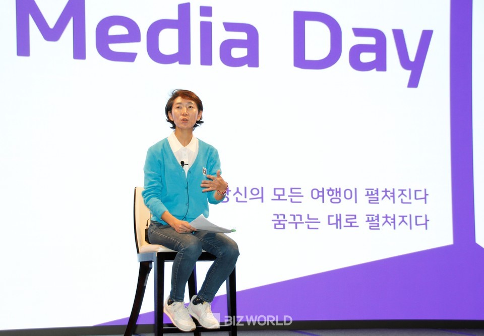 송미선 하나투어 대표가 기자들의 질문에 답하고 있다. 사진=손진석 기자