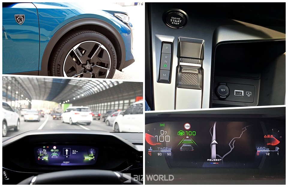 뉴 푸조 408 GT 타이어와 변속레버, 스포츠 모드 계기판과 정체구간 어댑티브 크루즈 컨트롤 주행 모습. 사진=손진석 기자