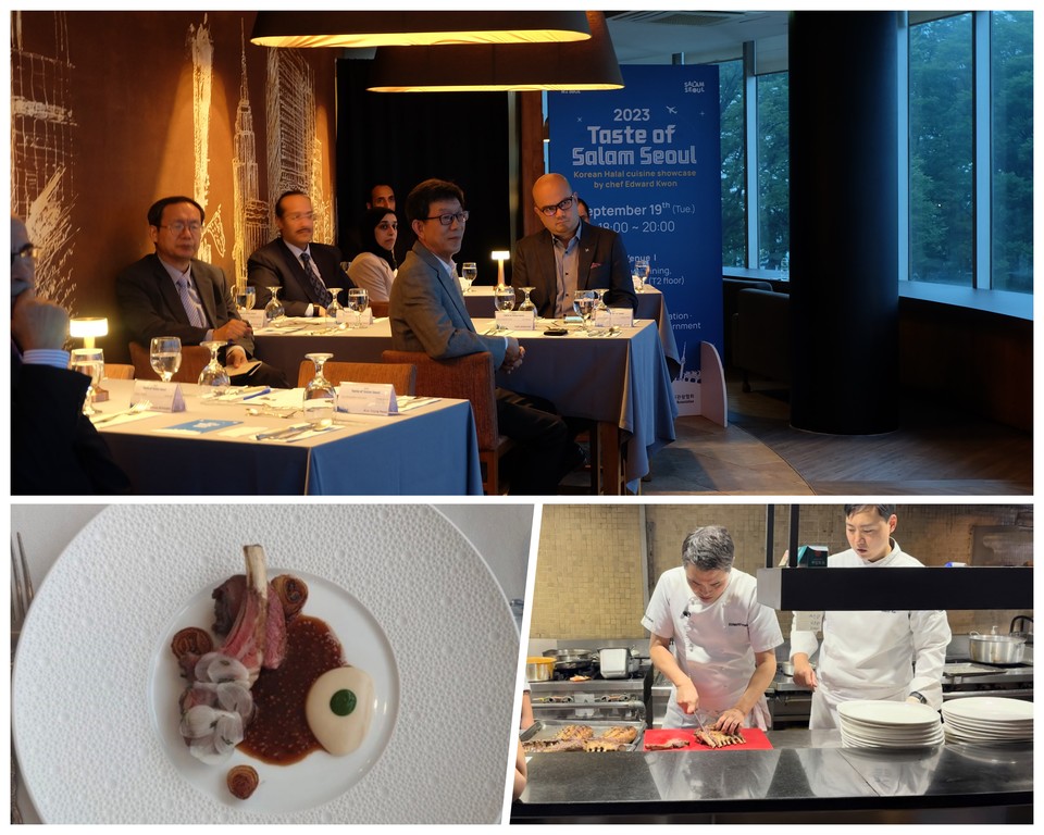 한국식 할랄 음식을 선보이는 ‘테이스트 오브 살람서울 참석자들이 에드워드 권의 요리 설명을 듣고 있다.(상단) 에드웓 권이 요리하는 모습(오른쪽)과 할라음식으로 조리된 양갈비 요리. 사진=서울시관광협회
