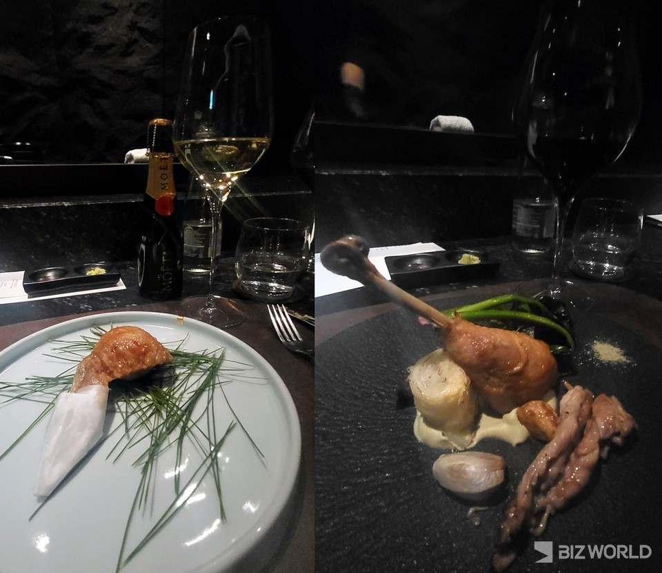 치마카세 메인 메뉴에는 속을 채운 닭날개 튀김(왼쪽)과 토종닭 콩피와 목살 숯불구이가 포함됐다. 와인 등과 조화로운 맛으로 부드러운 육질을 경험할 수 있다. 사진=차혜린 기자