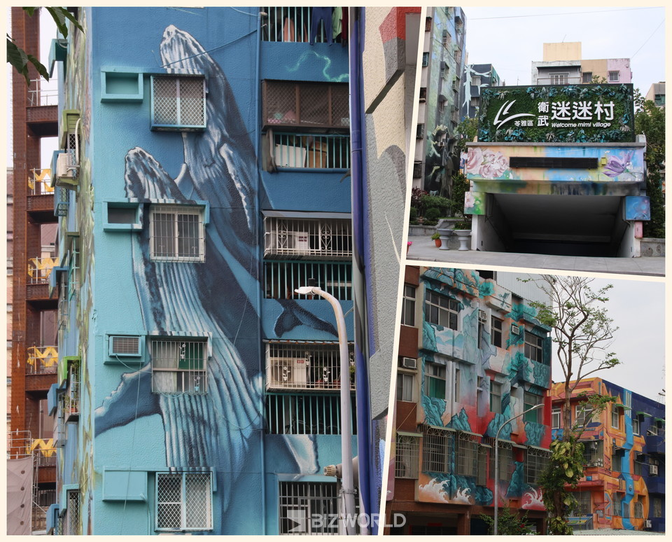 웨이우미미촌의 돌고래 및 다양한 주제의 벽화가 그려져 있다. 미미촌 표지, 사진=손진석 기자