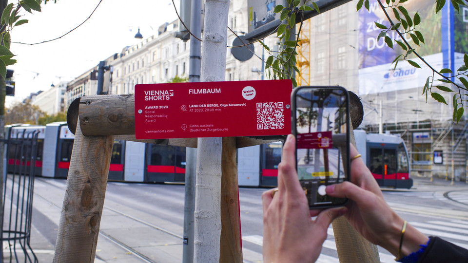 QR코드 스캔 후 작품을 감상할 수 있는 비엔나 쇼츠의 나무 트로피. 사진=Sebastian Kraner