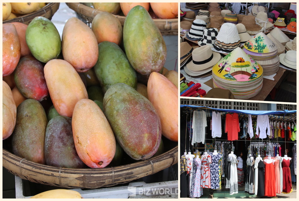 나트랑 담 재래시장에서 판매하는 상품들 애플망고(왼쪽), 전통 모자와 전통의상. 사진=손진석 기자