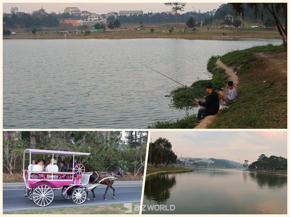 쑤엉흐엉 호수에서 낚시를 하고 있는 현지인(위쪽)과 호수 투어를 하고 있는 꽃마차와 호수의 해질녁 전경. 사진=손진석 기자