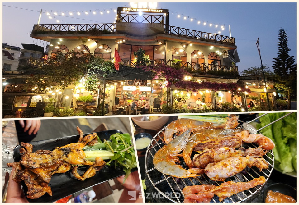 현지 인기 구이전문점 전경(위쪽)과 개구리구이(아래 왼쪽), 인기 구이 3종 메뉴. 사진=손진석 기자