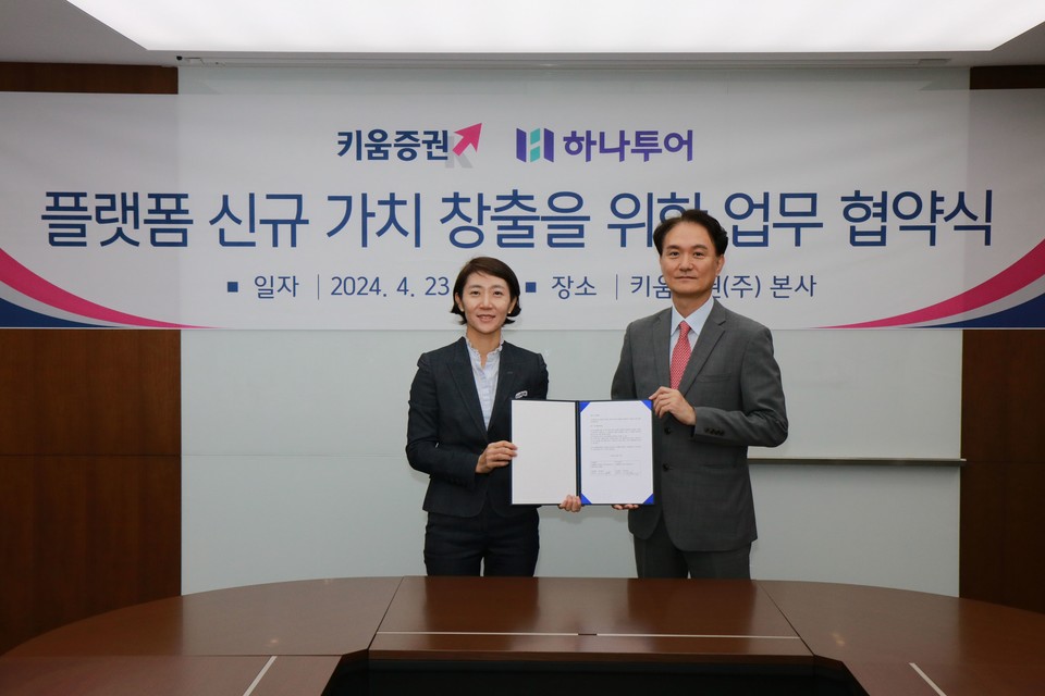 하나투어 송미선 대표(왼쪽)와 키움증권 엄주성 대표가 업무협약 체결 후 기념사진을 촬영하고 있다. 사진=하나투어