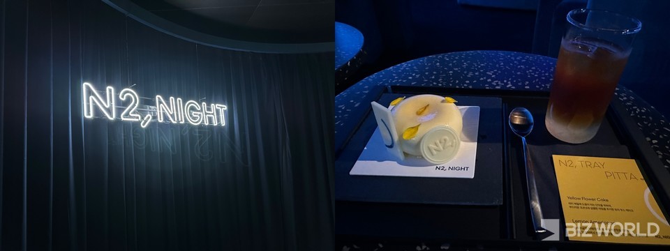 팝업 메인 공간 입구에 설치된 네온 사인(왼쪽)과 아웃프글렛에서 제공하는 맞춤형 디저트. 사진=최상규 기자