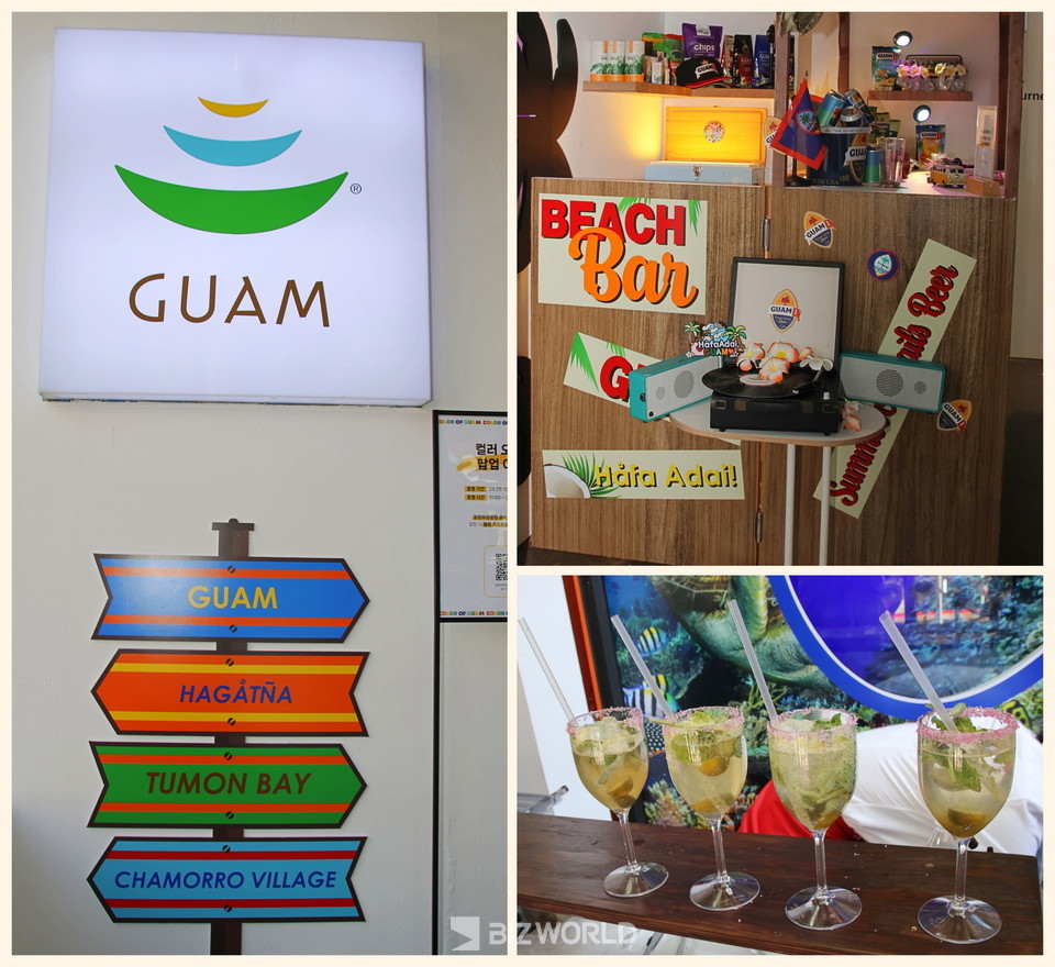 괌 팝업 행사장 입구 표지판(왼쪽)과 괌현지 비치 바, 깔라만시 모히토 웰컴 드링크. 사진=손진석 기자