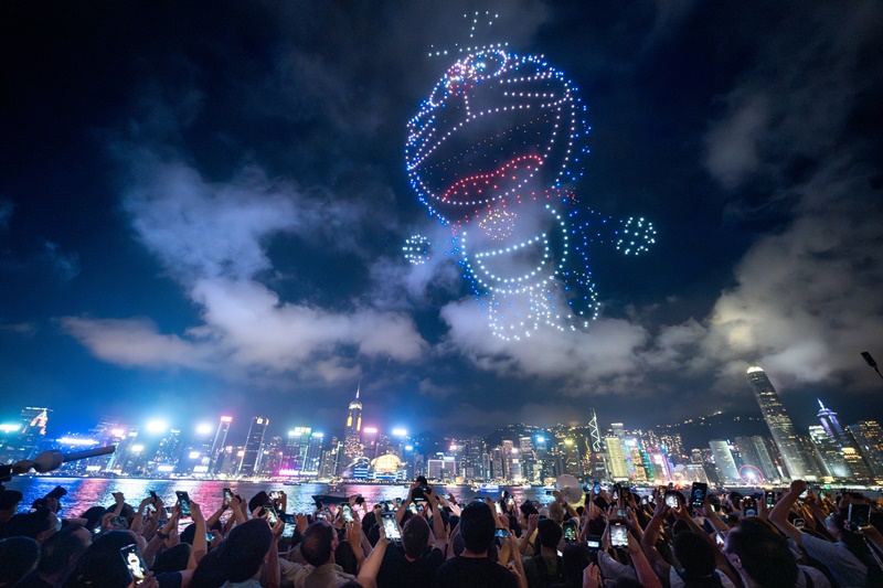 지난 5월 25일 도라에몽 드론쇼가 홍콩 빅토리아 하버에서 진행됐다. 사진=홍콩관광청