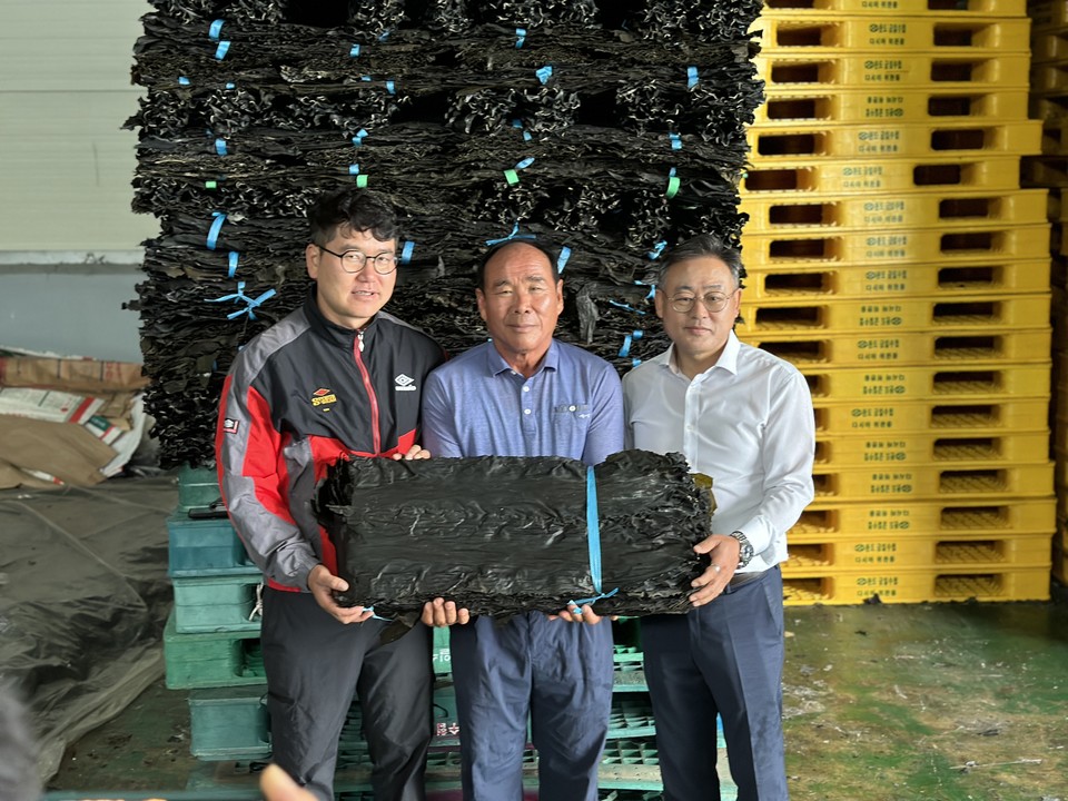 (왼쪽부터) 농심 '너구리'에 들어가는 다시마의 주인공인 어민 천지형씨, 신상석 조일농산 사장, 한창영 완도금일수산업협동조합 경제상무가 최고 품질의 다시마를 들고 기념 촬영을 하고 있다. 사진=황재용 기자