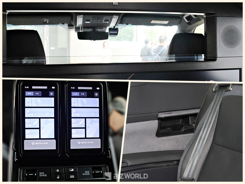 2열 디밍 파디션(상단)과 멀티오퍼레이션(아래 왼쪽), 사용하기 불편한 위치에 있는 핸드폰 거치대. 사진=손진석 기자