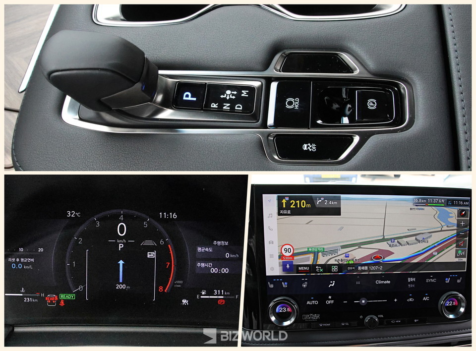 디 올 뉴 LM500h 변속기(상단)과 계기판(아래 왼쪽), 센터페시아 디스플레이. 사진=손진석 기자