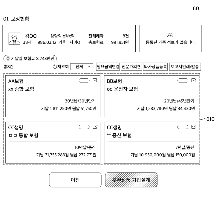 한화생명금융서비스는 보험 가입자가 자신의 보험 가입 내역을 조회하고 타 보험과 비교해볼 수 있는 내용을 담은 특허를 출원했다. 사진은 해당 특허가 적용된 플랫폼 화면 예시. 사진=키프리스