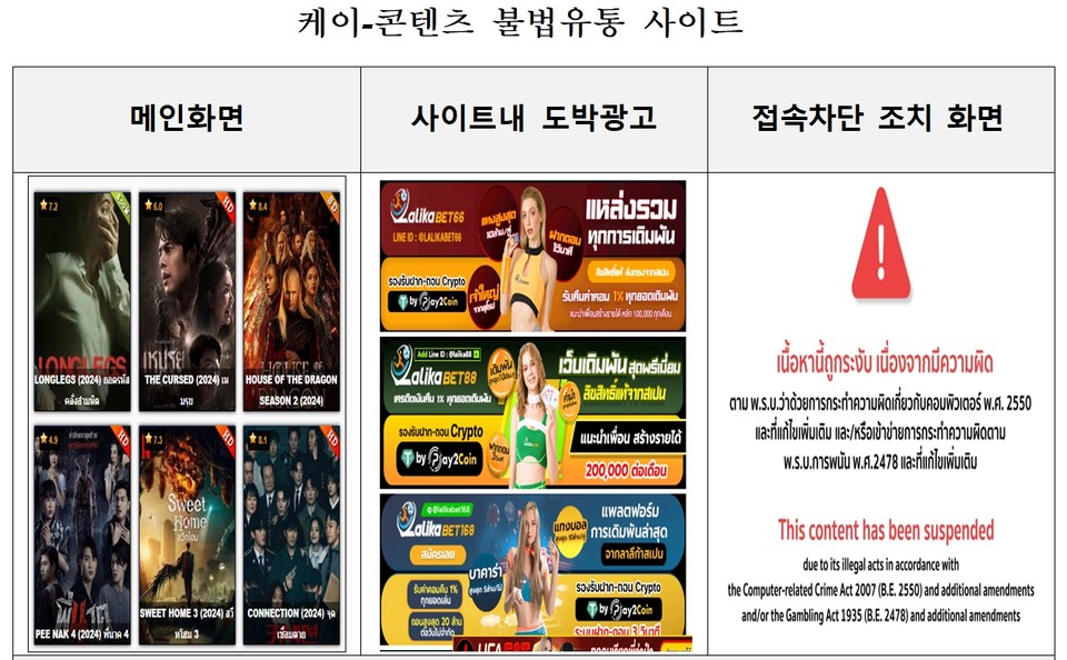 문화체육관광부(장관 유인촌)와 한국저작권보호원(원장 박정렬)이 최근 약 2년*이 넘는 오랜 노력 끝에 국내 저작권자(SBS, KBS, JTBC, SLL 등)와 함께 준비하고 태국 정부 기관, 해외 민간기구 등과 협력해 태국에서 한국 드라마와 미국 영화 등 영상 콘텐츠 6400여 편을 불법 유통한 태국어 사이트(i***.com) 전체를 최초로 접속차단 시키는 성과를 거뒀다고 22일 밝혔다. 사진=한국저작권보호원