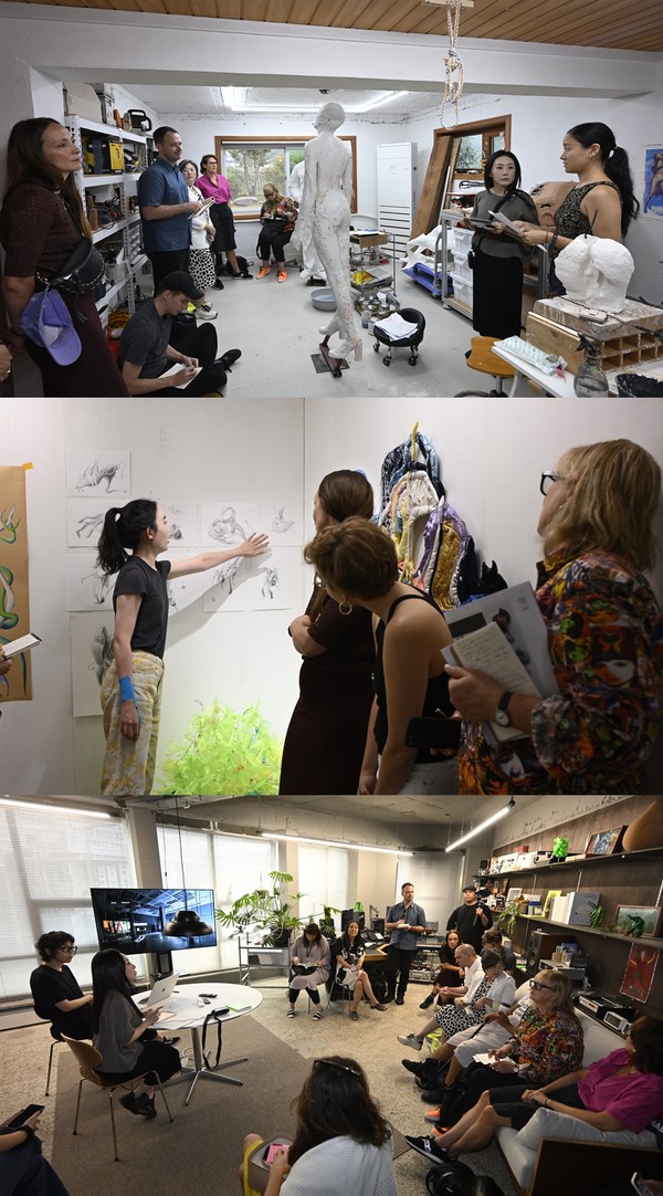 (사진 위에서부터) 이유성 작가가 ‘2024 Dive Into Korean Art: Seoul’에 참여한 해외 인사들에게 작품 창작 환경과 배경을 설명했다. 우한나 작가가 ‘2024 Dive Into Korean Art: Seoul’에 초청된 해외 인사들에게 다층적인 작업 세계를 소개했다. 전소정 작가는 해외 미술계 인사들에게 영상, 사운드, 퍼포먼스 등 다양한 매체를 활용한 독창적인 작품들을 소개하는 프리젠테이션을 진행했다. 사진=예술경영지원센터