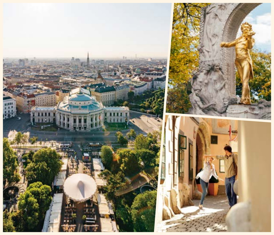 비엔나 전경과 요한 슈트라우스 기념동상, 비엔나 도심 골목길. 사진=비엔나 관광청