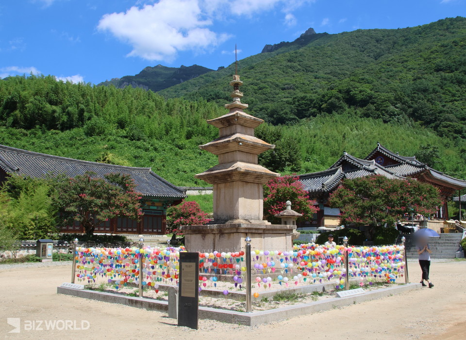 표충사 삼층석탑과 소원성취를 위해 탑을 돌고 있는 방문객. 사진=손진석 기자