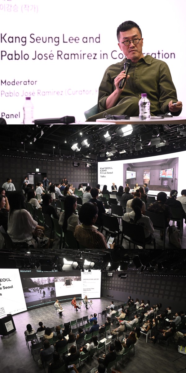 (사진 위에서부터) 마지막 날 첫 세션에 참여한 이강승 작가와 로스앤젤레스 해머 미술관 큐레이터 파블로가 최근 진행한 프로젝트를 설명했다. ‘공공-민간 협력’ : 갤러리와 비영리 기관의 콜라보레이션에는 모더레이터로 앤드류 러세스 (아트넷뉴스, 에디터), 패널로 루미 탄 (독립 큐레이터), 데이지 남 (캘리포니아 예술대학 와티스 현대미술 연구소, 디렉터 & 수석 큐레이터), 김성우 (프라이머리 프랙티스, 큐레이터)가 참여했다. ‘코리안 아티스트 투데이’ : 숨겨진 영역 세션에는 에이치지 마스터즈 (아트아시아퍼시픽 부편집장)가 모더레이터로 참여해 임민욱, 제시 천 작가에게 다양한 질문을 던졌다. 사진=예술경영지원센터