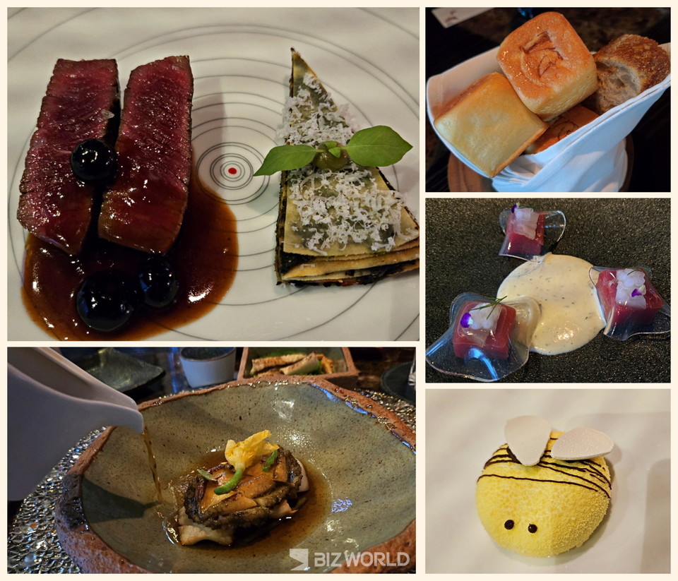 마리포사의 이대건 셰프가 선보이는 4코스 요리. 블루베리 소스의 한우 안심, 지중해식크레이프(왼쪽 상단부터 시계방향), 식전빵, 참치·토마토 젤리·노각 피클·간장 드레싱·딜 크림, 도심 양봉 허니 케이크, 완도산 전복·갑오징어·바다장어·치킨 콩소메. 사진=손진석 기자