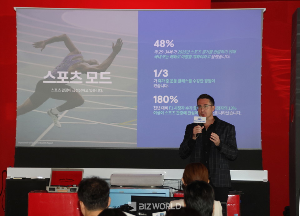 브랜든 월시가 2025년 여행 트랜드 전망 7가지 중 스포츠 모드에 대해 발표하고 있다. 사진=손진석 기자