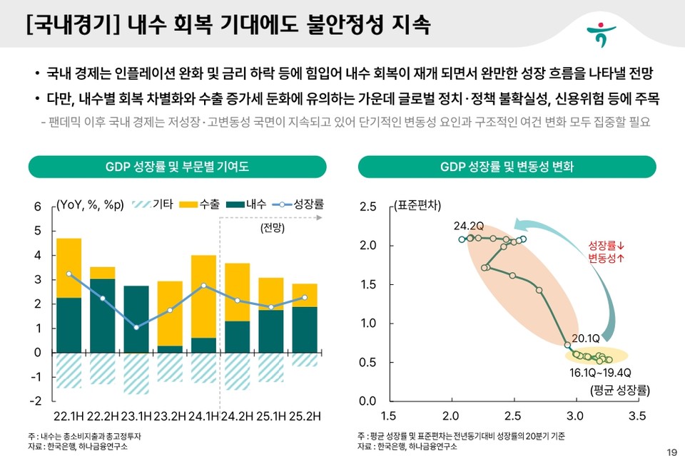 국내경기, "내수 회복 기대에도 불안정성 지속". 표=하나금융연구소