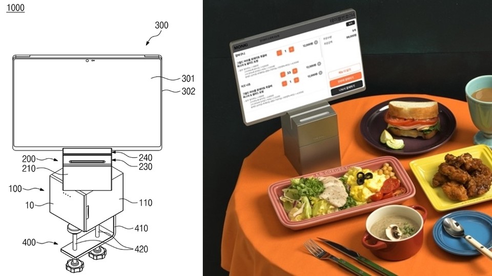먼슬리키친이 올해 4월 22일 출원(출원번호 제1020240053102호)해 올해 9월 30일 등록(등록번호 제102713982호)을 받은 ‘스마트 오더 키오스크’먼키의 무선올인원 테이블오더‘ 특허의 대표 도면(왼쪽)과 실제 배치 사진. 그림·사진=키프리스, 먼슬리키친