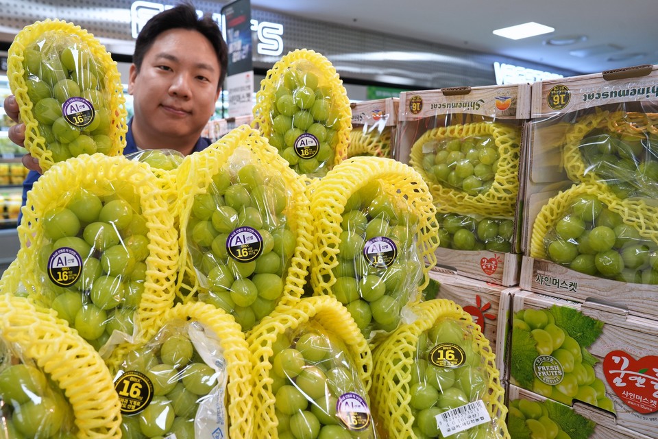 롯데마트 제타플렉스 잠실점에서 AI선별 샤인머스켓을 홍보하는 김야긴 롯데마트·슈퍼 과일팀 MD(상품기획자). 사진=롯데마트