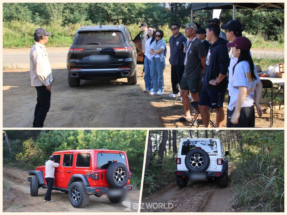 와일드 트레일 참가자 안전교육(상단)과 출발 전 차량 기능을 설명하고 있는 인스트럭터(아래 왼쪽), 와일트 트레일 출발. 사진=손진석 기자