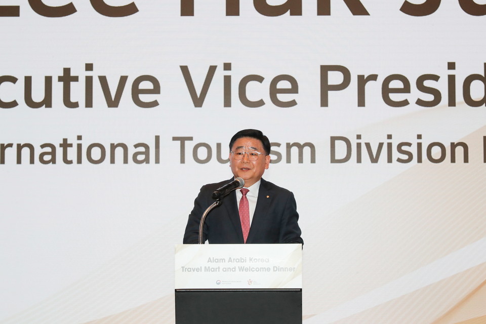 이학주 한국관광공사 국제관광본부장이 트래블마트에서 환영사를 하고 있다. 사진=한국관광공사