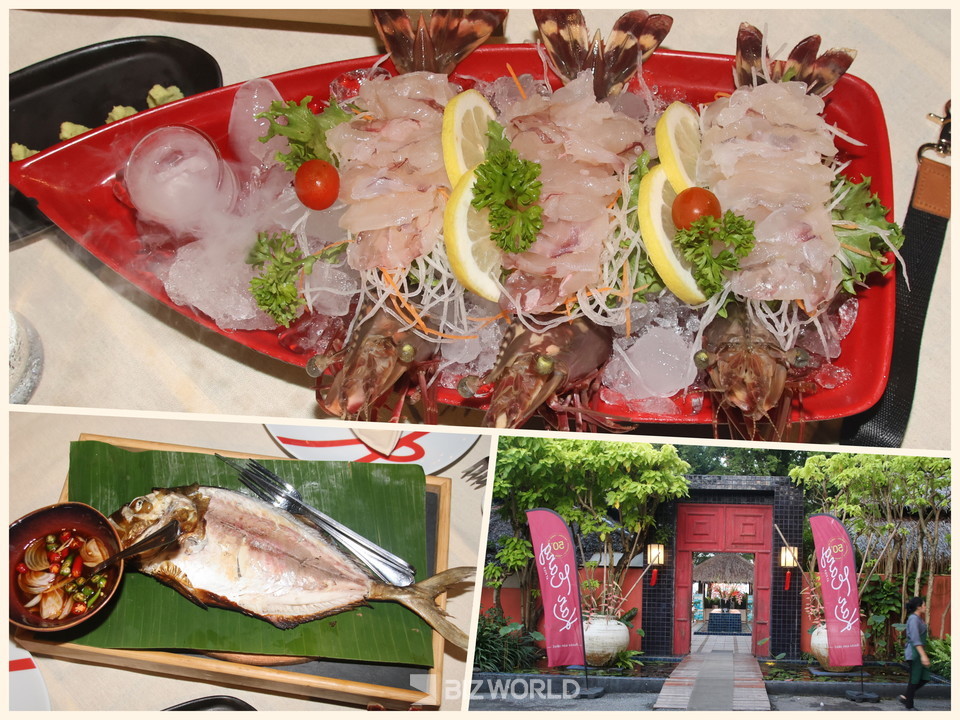 푸켓 깐엥엣피어 씨푸드레스토랑 대표 메뉴일 타이거 새우 회(상단)과 현지 바다에서 잡은 생선으로 만든 요리와 식당 입구. 사진=손진석 기자