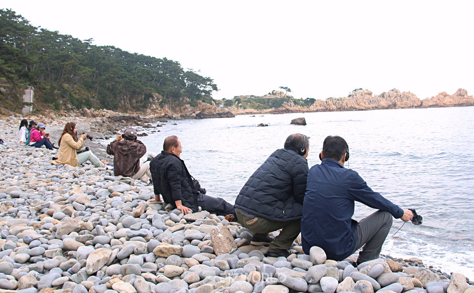 몽돌해변에서 힐링 시간을 가지고 있는 사운드 워킹 참가자들. 사진=손진석 기자