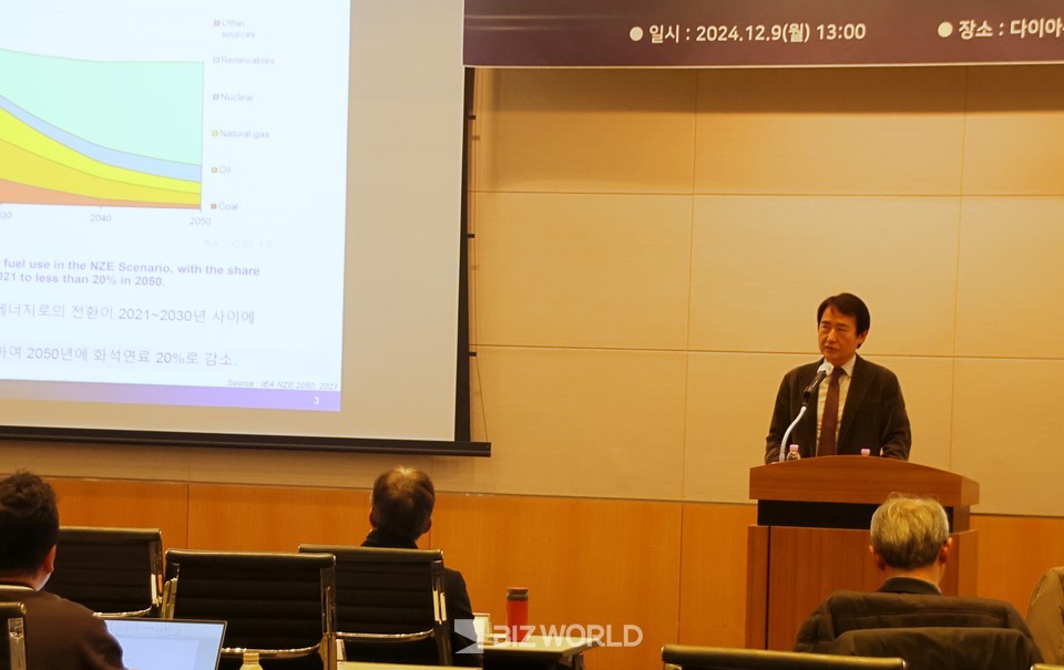 배충식 한국과학기술원(KAIST) 교수가 ‘NDC 달성을 위한 탄소중립연료 활용기술의 국제동향과 정책 제언’을 주제로 발표하고 있다. 사진=손진석 기자