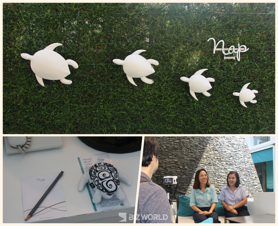 더냅 빠통리조트의 상징물인 바다거북과 인터뷰 모습. 사진=손진석 기자