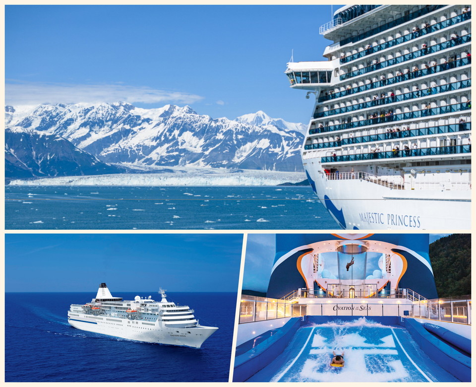 다양한 크루즈 여행상품이 판매되고 있다. 사진 상단은 빙하를 운항하고 있는 프린세스 크루즈와 이스턴비너스 호(아래 왼족), 오베이션 오브 시즈 호. 사진=프린세스크루즈, 두원크루즈, 로얄캐리비안 크루즈