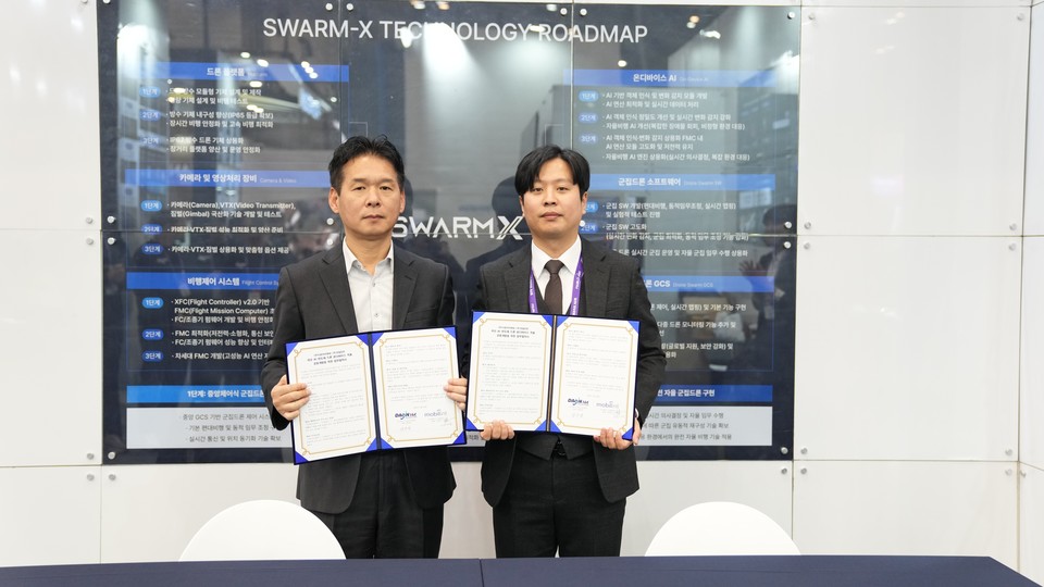 ㈜다온아이앤씨 양찬열 대표(왼쪽), ㈜모빌린트 김성모 상무가 업무협약 체결 후 기념촬영을 하고 있다. 사진=양사