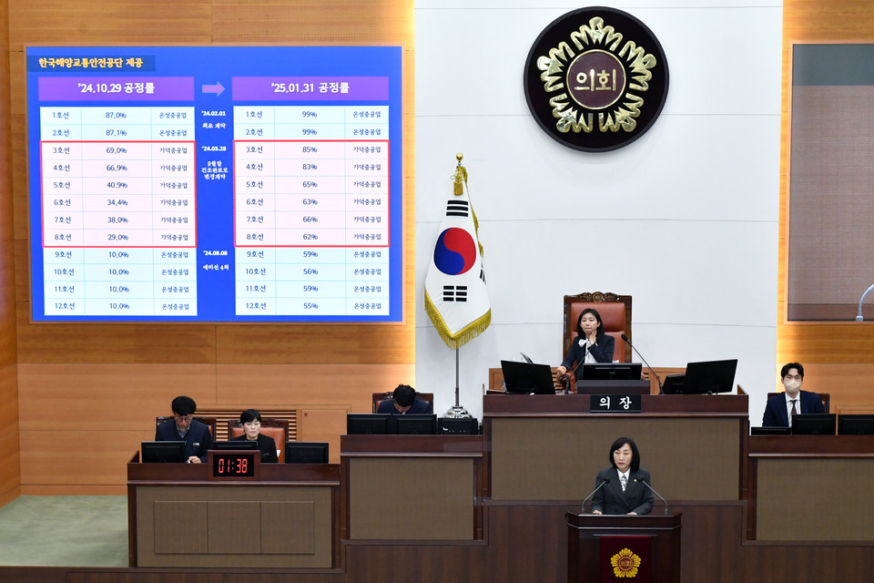 이영실 서울시의원이 제328회 임시회에서 5분자유발언을 통해 한강버스의 문제점을 지적하고 있다. 사진=서울시의회