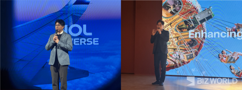 박성식 놀유니버스 부대표(왼쪽), 배보찬 놀유니버스 공동대표가 지난 18일 오후 텐엑스타워에서 열린 '놀 테크 데이'에서 환영사를 하고 있다. 사진=김미진 기자