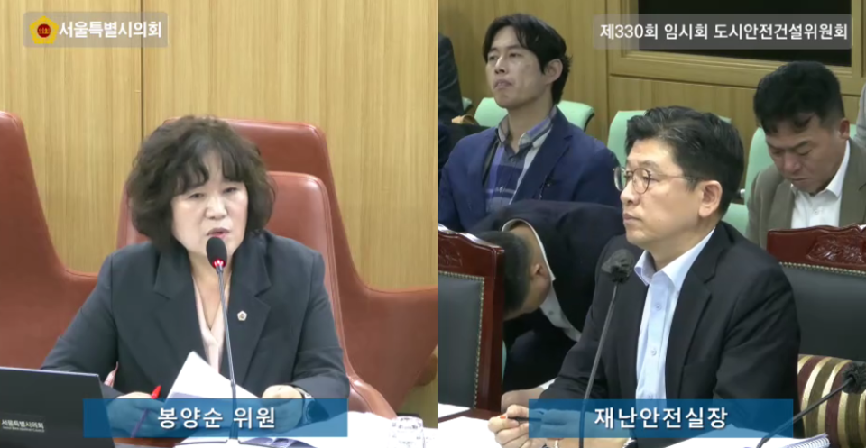 봉양순 시의원이 서울시 한병용 재난안전실장에게 싱크홀 관련 질의를 하고 있다. 사진=서울시의회