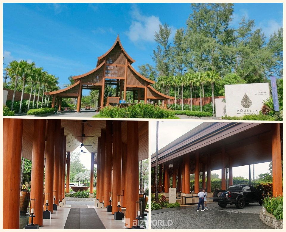 아쿠엘라 골프장 입구 전경과 목조로 지어진 높은 천장의 파빌리온 건축물의 클럽하우스로 가는 입구는 골프장의 상징이다. 푸껫=손진석, 파빌리온 CC