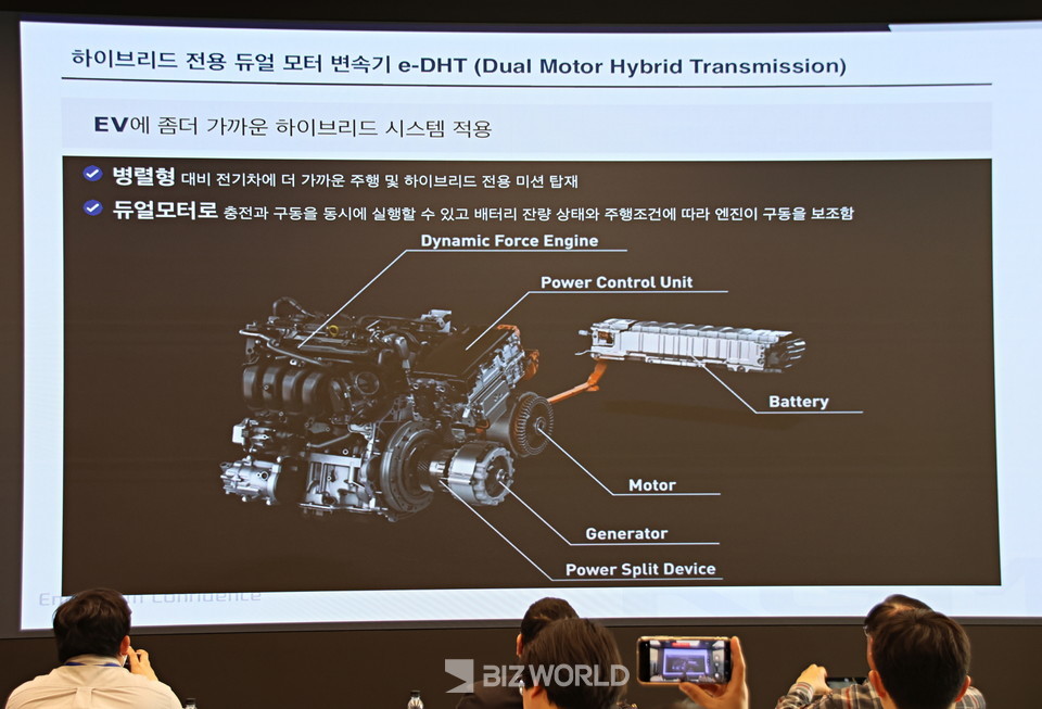 토레스 하이브리드에 적용된 하이브리드 전용 듀얼모터 변속기 e-DHT 설명. 사진=손진석 기자