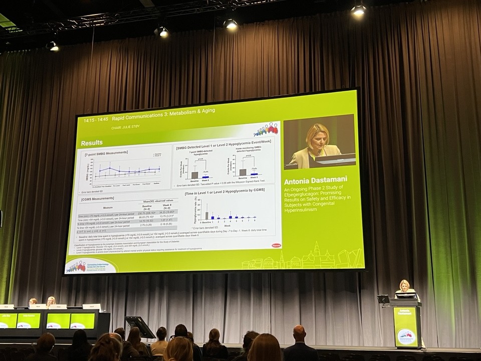한미약품 에페거글루카곤 임상 2상의 영국 연구자인 안토니아 다스타마니(Antonia Dastamani) 박사가 지난 11일 덴마크 코펜하겐에서 열린 유럽소아내분비학회(ESPE)·유럽내분비학회(ESE) 공동 학술대회에서 에페거글루카곤에 대한 임상 2상 중간 분석 결과를 발표하고 있다. 사진=한미약품