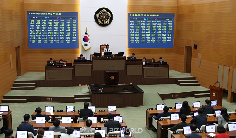 제331회 정례회 본회의에서 ‘서울특별시의회사무처 설치 조례 일부개정조례안’에 대하여 서울시의원들이 투표하고 있다. 사진=손진석 기자