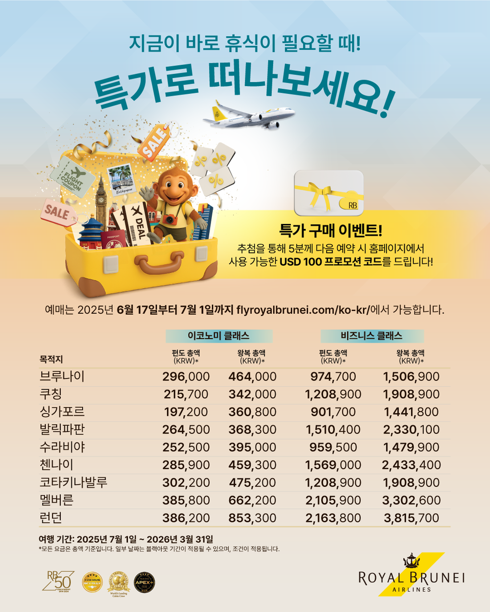 로열브루나이항공 특가 안내. 사진=로열브루나이항공