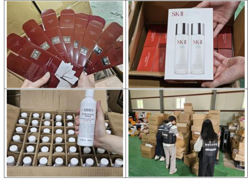 상표도용 제품과 단속 모습. 사진=특허청 상표특별사법경찰