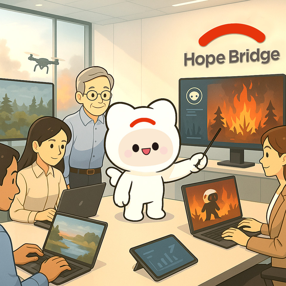 희망브리지 공식 캐릭터 ‘희망이’가 등장하는 ChatGPT 활용 예시 이미지로, AI를 기반으로 한 미래 재난 대응 회의 장면을 구현했다. 사진=희망브리지