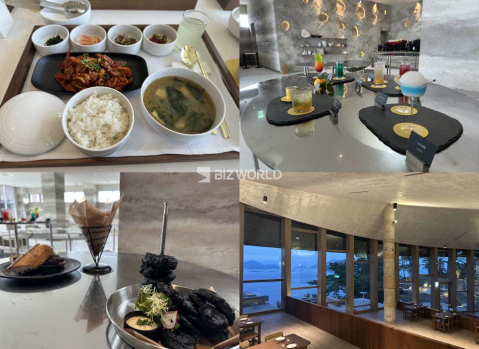 '쏠비치 남해'에서 맛볼 수 있는 일부 F&B 메뉴들과 비스트로 게미에서 바라보는 저녁 바다 모습(오른쪽 아래). 남해=김미진 기자