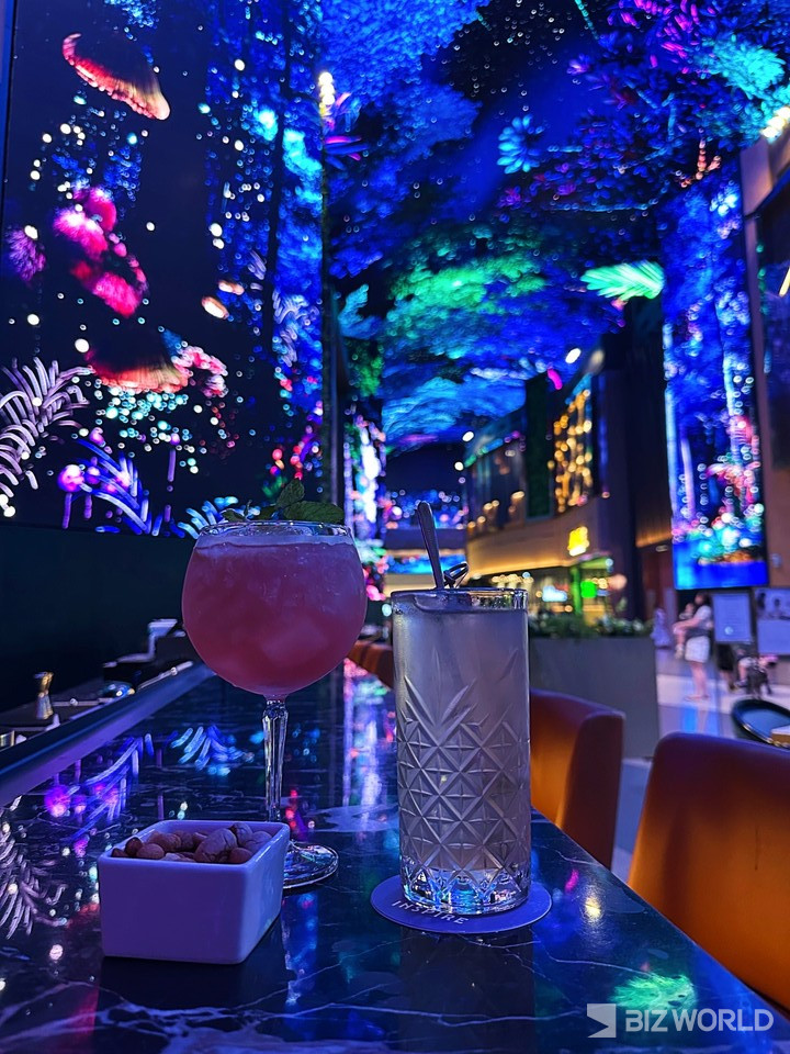 '오로라 바'는 이곳은 환상적인 미디어아트와 함께 칵테일을 즐길 수 있는 공간으로 서서 보는 감상보다도 더 감동적인 한 잔을 만끽할 수 있다. 인천(영종도)=김미진 기자